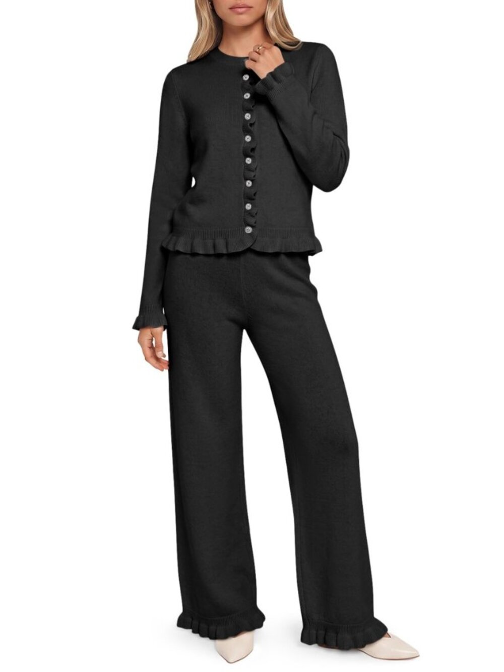 Womens Ruffle Sweater Lounge Set Button Knit 2 Piece Outfits